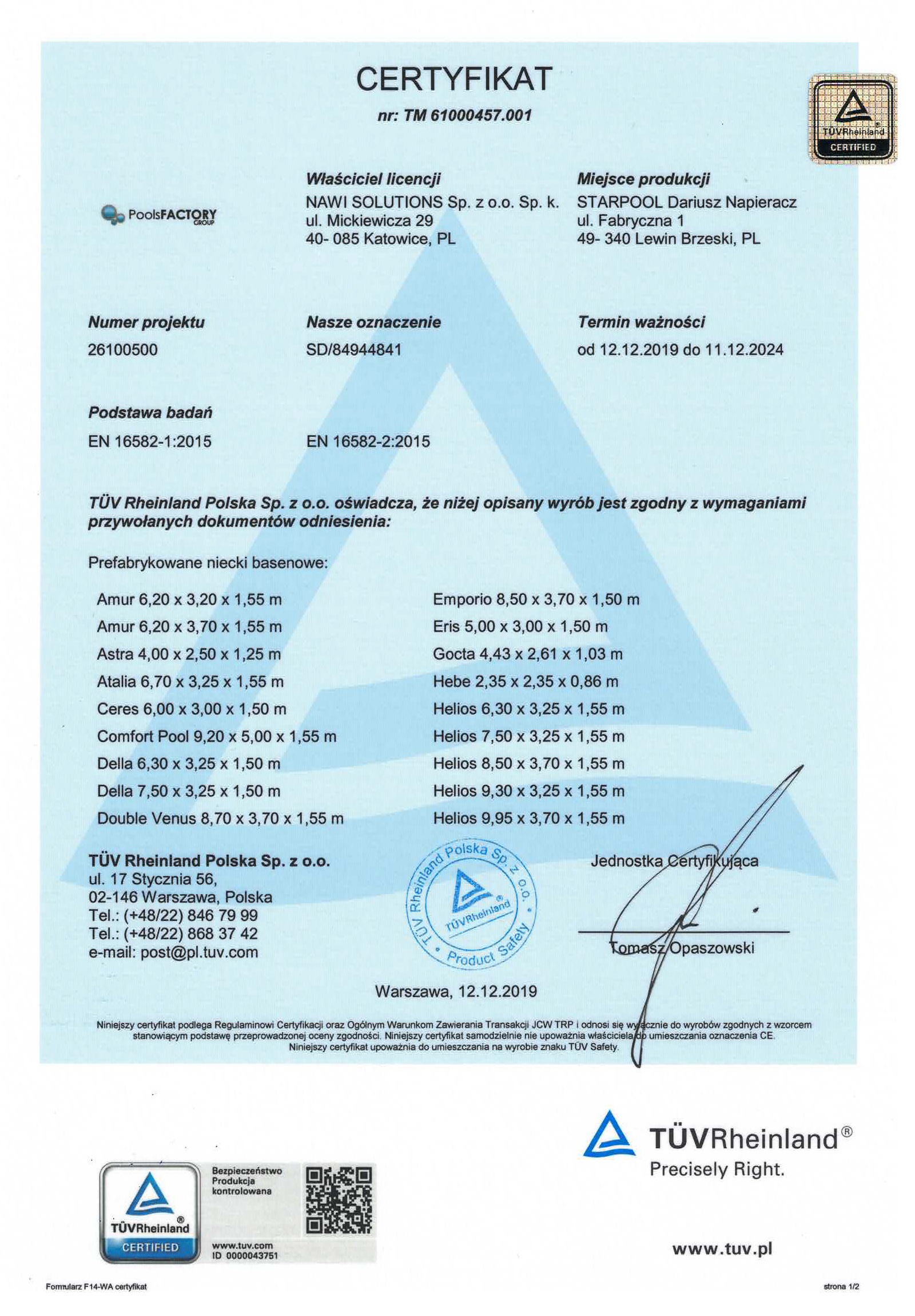Certyfikat TÜV Rheinland